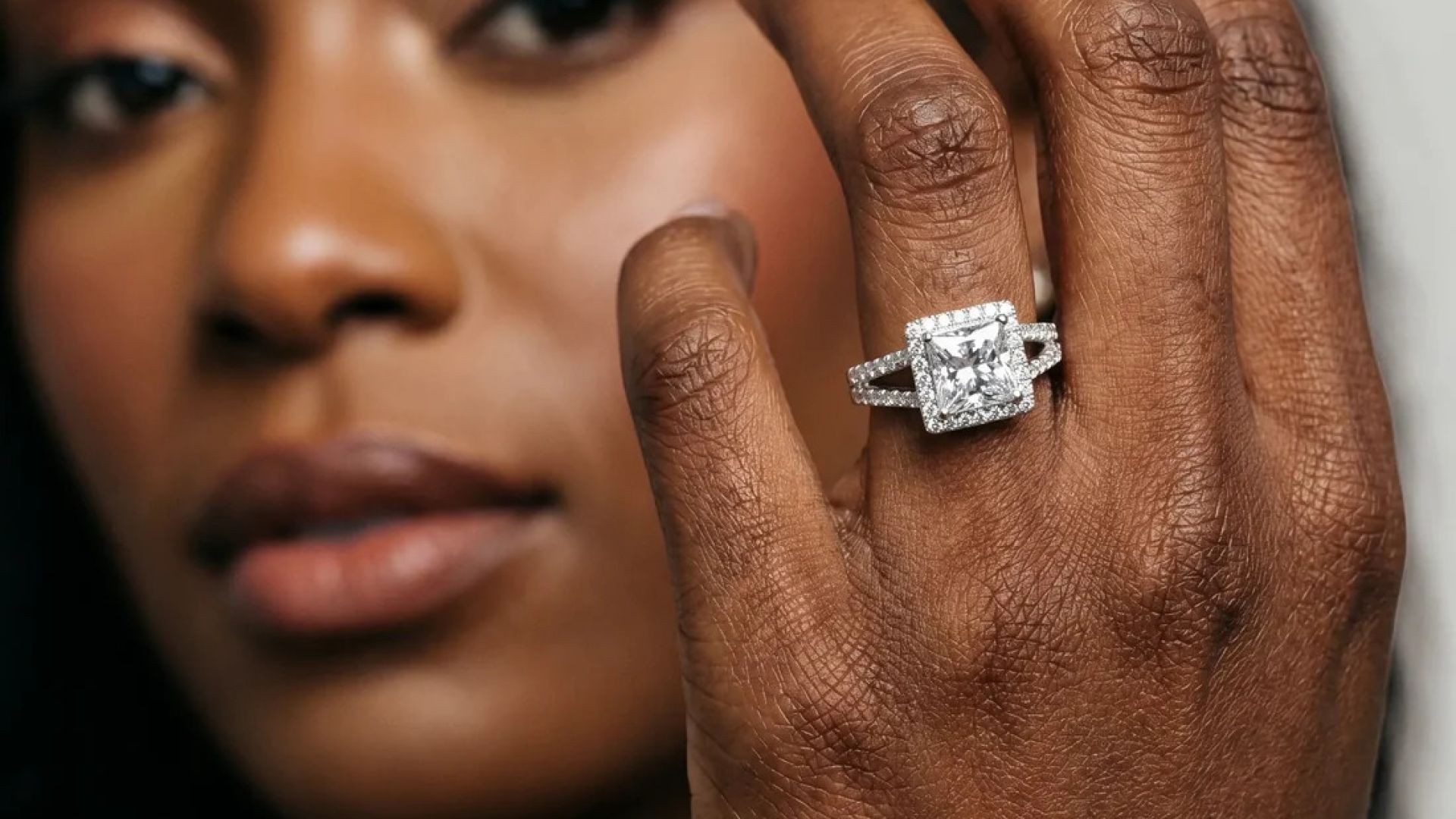 ⁣White gold Princess Cut Diamond Halo Split Shank Engagement Ring